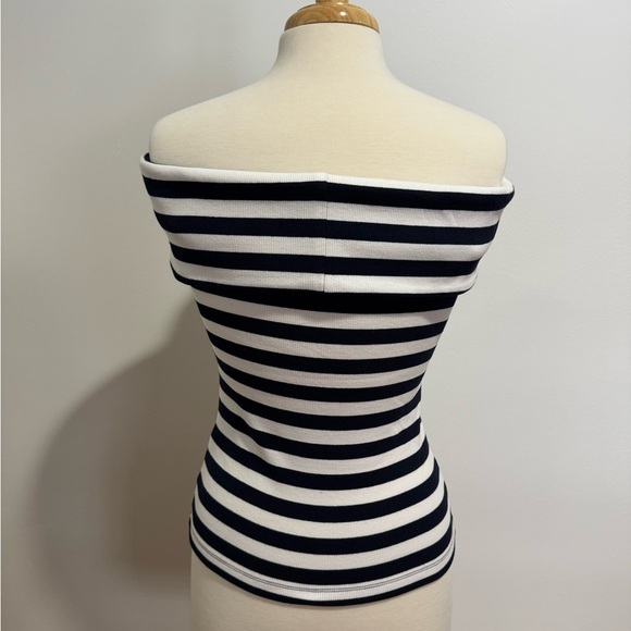 Banana Republic Off-Shoulder Cotton Ribbed Nautical Striped Top Navy White Sz S - Picture 3 of 13